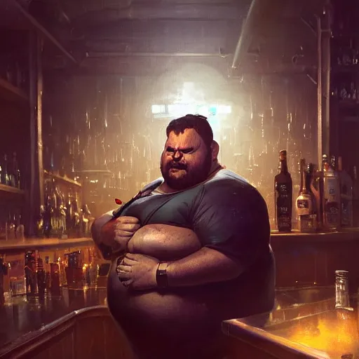 Prompt: portrait of an overweight cyborg barkeeper, ratz, neuromancer, bar background, painted by greg rutkowski, painted by igor kieryluk, high detail, dramatic light, digital art, trending on artstation