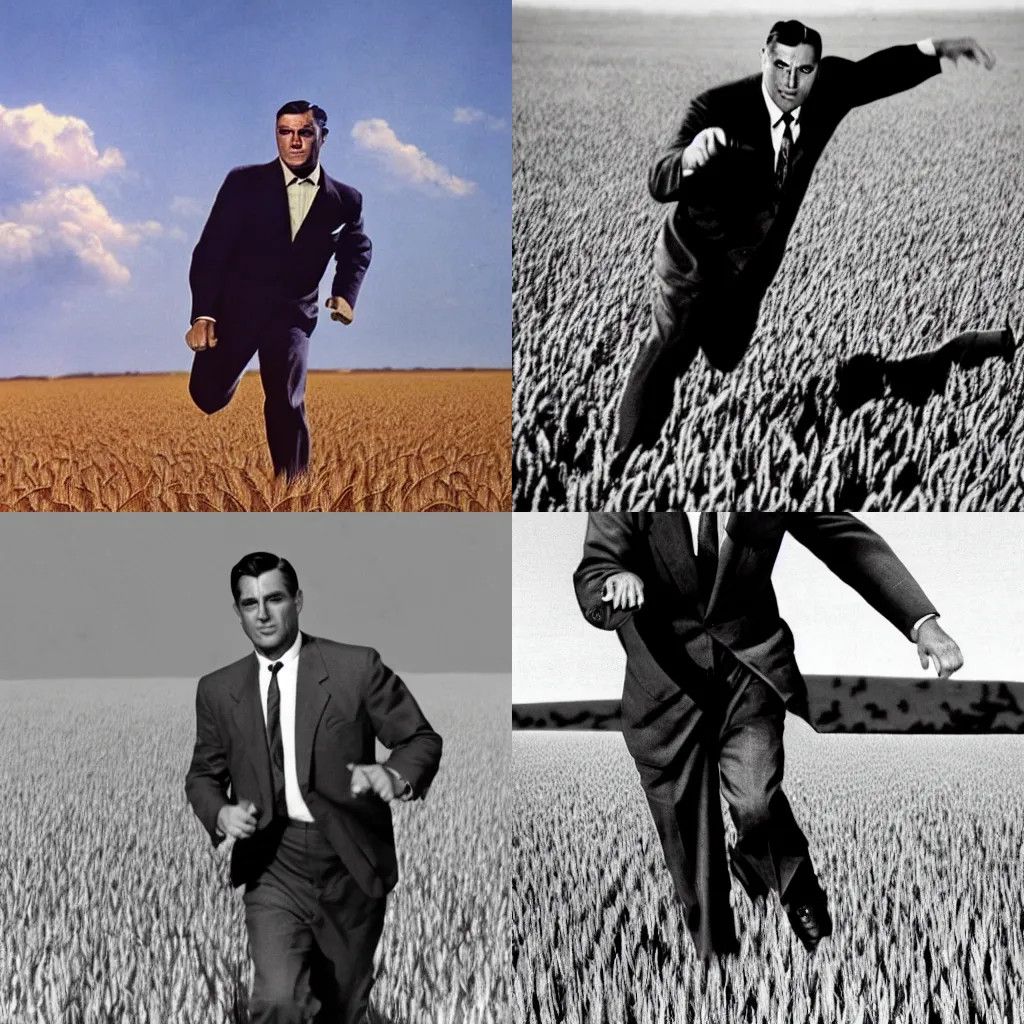 Prompt: cary grant running from a plane in a wheat field in death by northwest by hitchcock. the plane is almost reaching him. technicolor, 5 0 mm, hyperrealistic, extremely realistic face, highly detailed, highly intricate.