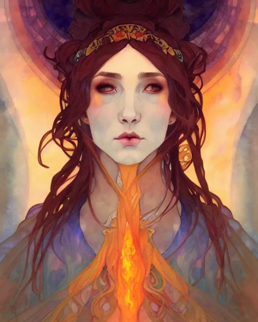 Prompt: Water priestess cloaked in ethereal fire and smoke, watercolor portrait by artgerm and alphonse mucha, anato finnstark, artstation, deviantart