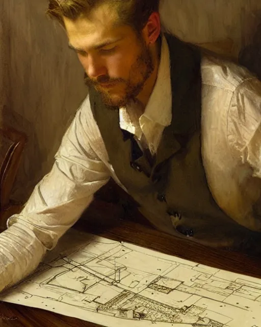 Prompt: very attractive male architect looks over blueprints of his latest work, melancholy, nostalgia, painting by gaston bussiere, craig mullins, j. c. leyendecker