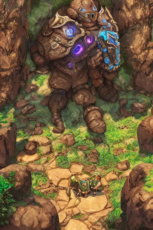 Image similar to zelda fantasy art giant golem troll wood rock greeble gemstone, global illumination ray tracing hdr fanart arstation by sung choi and eric pfeiffer and gabriel garza and casper konefal