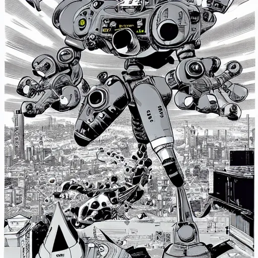 Image similar to huge frog robot devastating the city, by yoichi hatakenaka, masamune shirow