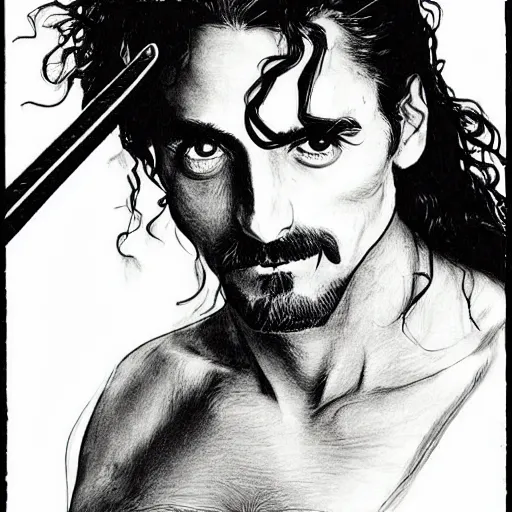 Image similar to pen and ink!!!! attractive!! 22 year old Frank Zappa!! x Jason Momoa x Jared Leto!! golden!!! Vagabond!!!!!!! magic swordsman glides through a beautiful battlefield magic the gathering dramatic esoteric!!!!!! pen and ink!!!!! illustrated in high detail!!!!!!!! by Hiroya Oku!!!!! Written by Wes Anderson graphic novel published on shonen jump 2002 award winning!!!!