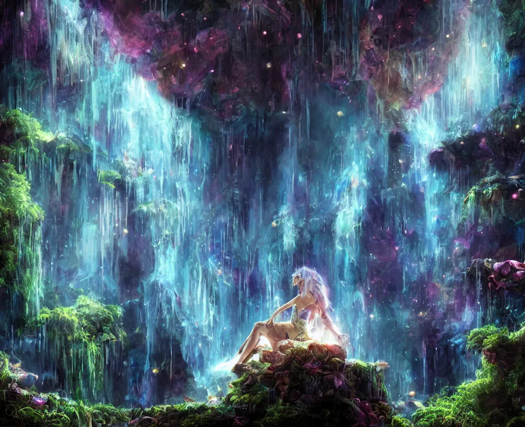 Prompt: oil painting, space flower fairy, waterfall, space, underground lake, stalactites, dungeon, underground scene, cave, glowing threads of drop, solitude under a waterfall, stars, star rain, rich deep colors masterpiece, ultra detailed, beautiful fantasy, contrast, volumetric light, atmospheric lighting, cinematic, steampunk, moody, octane render 4 k, 8 k