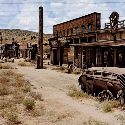 Image similar to Abandoned Wild West town at high noon, hyperrealistic