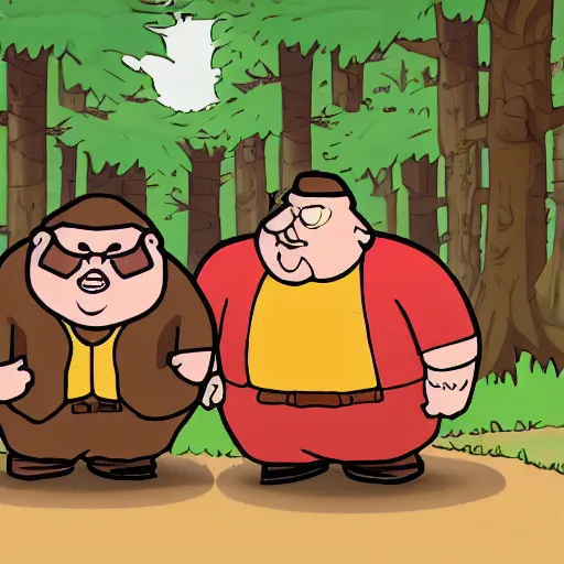 Image similar to ugly old fat man and his strong handsome friend hunting monsters