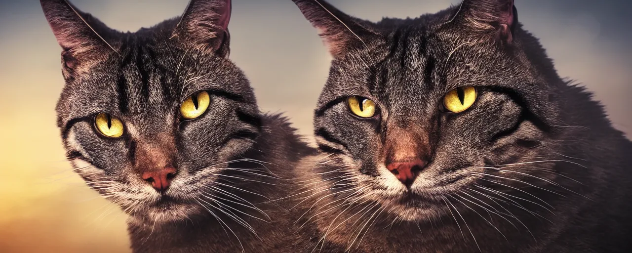 Prompt: close-up photo of a warrior cat in a battle scene, shallow depth of field, photorealistic, cinematic lighting, warm colours, dusk