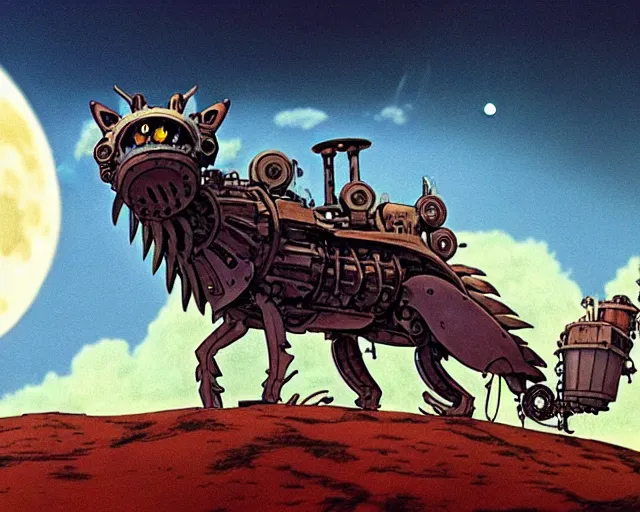 Image similar to a mechanical blueprint of a lovecraftian mechanized wolf from howl's moving castle ( 2 0 0 4 ), with a big head, in a war - torn desert village, wide shot, in front of a big moon, muted colors, post grunge, studio ghibli, hq, art by artgem