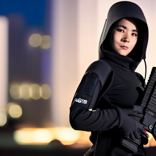 Image similar to photographic portrait of a techwear woman holding a Glock 18, closeup, on the rooftop of a futuristic city at night, sigma 85mm f/1.4, 4k, depth of field, high resolution, 4k, 8k, hd, full color