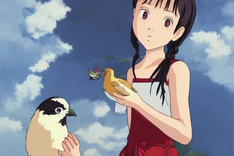 Image similar to young pretty girl holding a bird in her hands, looking touched, Fragile looking character portrait , beautiful scene; highly detailed art, by Studio Ghibli , High contrast, anime art