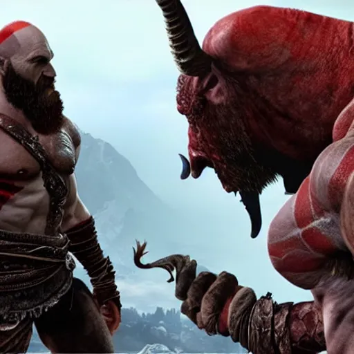 Image similar to screenshot of the game God of War with Kratos fighing a Rhinoceros beetle kaiju | Sony Pictures official media