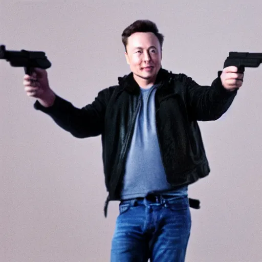 Image similar to photo of elon musk waving a gun in the air, cinestill, 800t, 35mm, full-HD