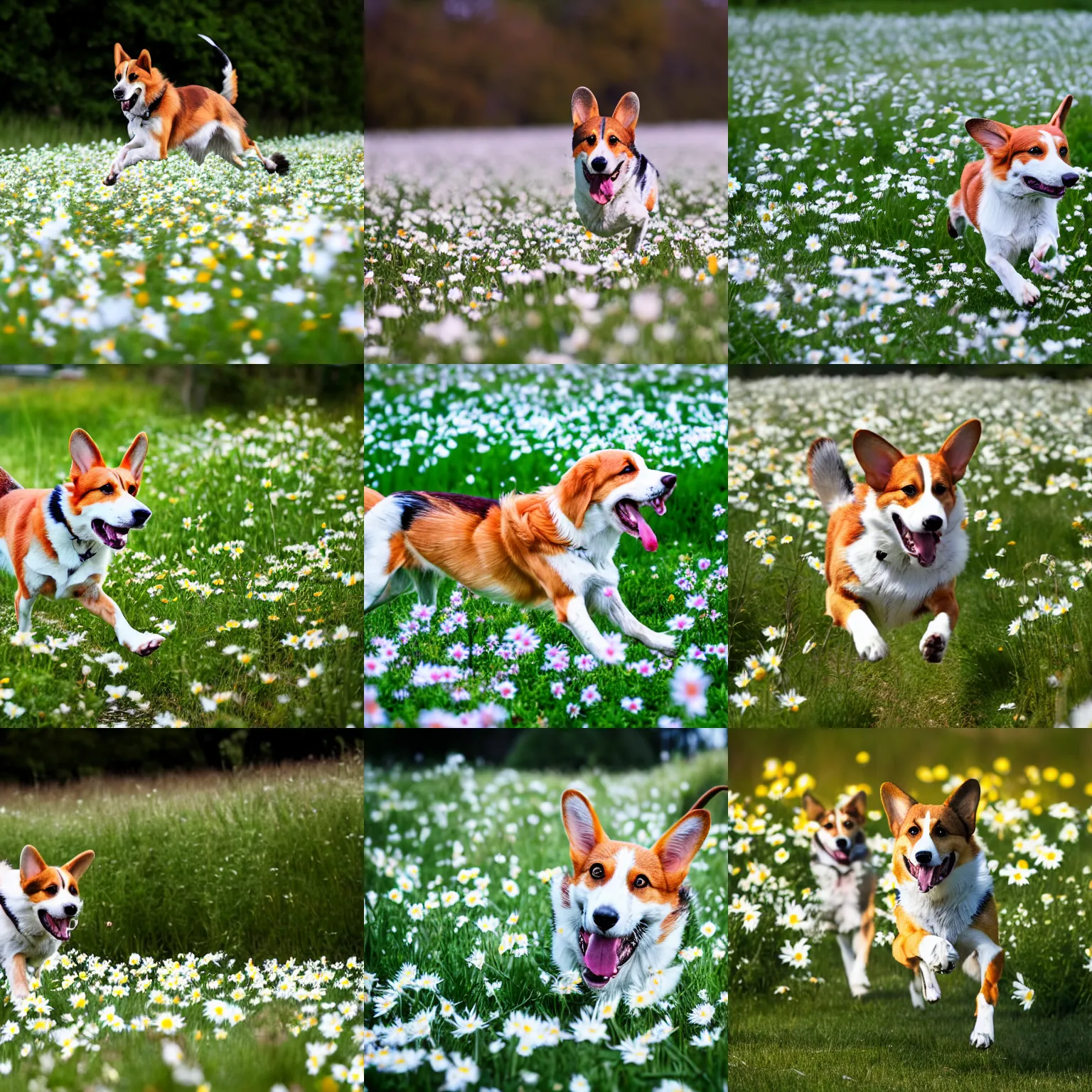 Prompt: foxhound corgi dog, short hair, running through field of daisies, shallow depth of field