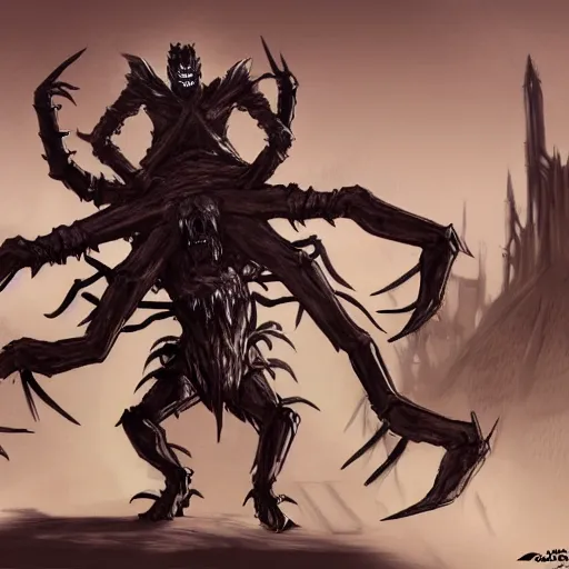 Image similar to concept art of a dark souls boss, six arms undead riding a spider;dark fantasy