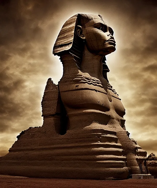 Image similar to epic professional digital art the sphinx, horrific yet beautiful vibe, evocative, atmospheric lighting, painted, intricate, highly detailed, by leesha hannigan, wayne haag, reyna rochin, ignacio fernandez rios, mark ryden, iris van herpen, artstation, cgsociety, stunning, gorgeous, sharp focus, cinematic, masterpiece