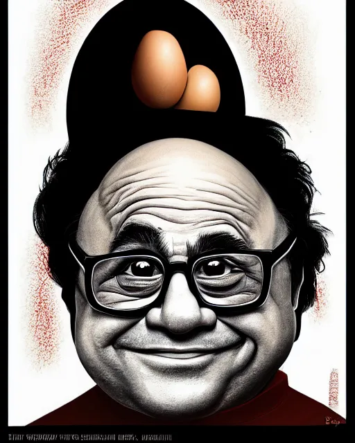 Image similar to painting portrait of danny devito as an egg, cartoon, warm lighting, danny devito has an egg body, movie poster, illustration by bartek fedyczak, erak note, tooth wu, neil richards, kan liu, siwoo kim, jisu choe, trending on art station