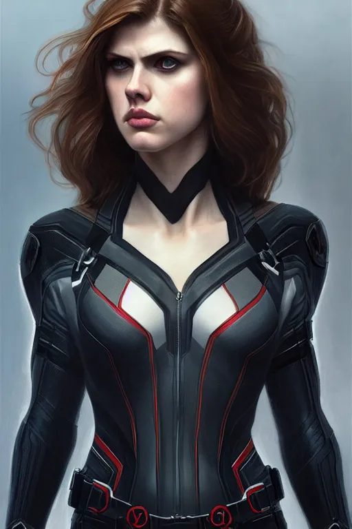 Image similar to alexandra daddario as black widow, realistic portrait, symmetrical, highly detailed, digital painting, artstation, concept art, smooth, sharp focus, illustration, cinematic lighting, art by artgerm and greg rutkowski and alphonse mucha