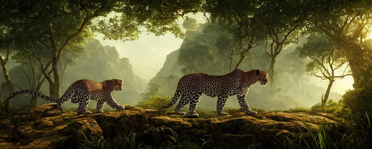 Image similar to leopard standing in the jungle, beautiful dynamic lighting, cinematic, wide angle establishing shot, extremely high detail, photo realistic, cinematic lighting, post processed, concept art, artstation, matte painting, style by frederic church, raphael lacoste, unreal engine 8 k