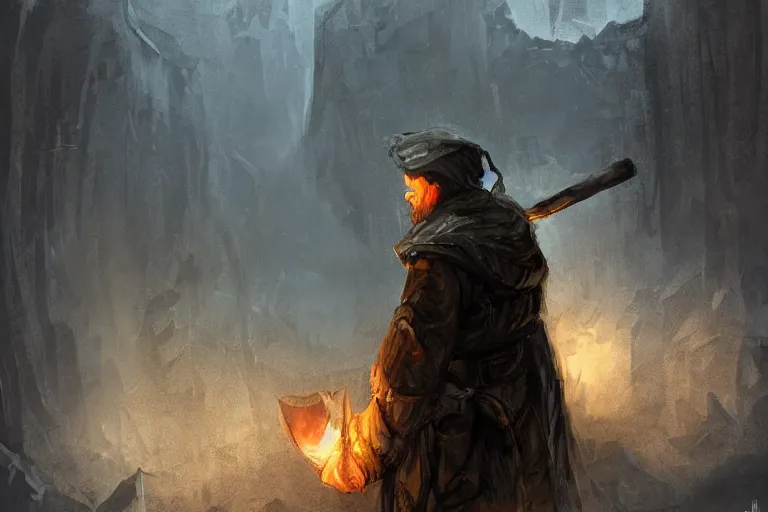 Image similar to concept art, mood painting, environment painting, man holding torch dark ruined mineshaft lotr. style of ryan church, jon mccoy, george hull, painting