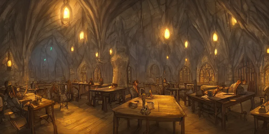 Prompt: an environmental concept art of a hogwarts castle potions classroom, students, professor snape, highly detailed, environmental light, cinematic by francis tneh