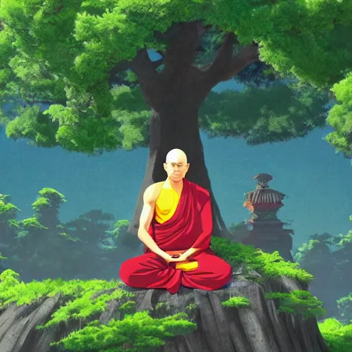 Prompt: Meditating Buddhist monk sat at the base of a large tree on top of a green hill artwork by studio Ghibli, highly detailed, masterpiece, trending on artstation, 4k
