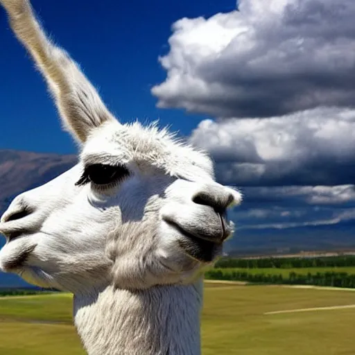 Image similar to llama sitting on a plane wing