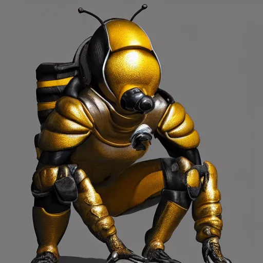 Prompt: a bee squatting in knee pads, extremely detailed, digital painting, sculpted in zbrush, artstation, concept art, smooth, sharp focus, illustration, chiaroscuro soft lighting, golden ratio, rule of thirds, fibonacci, lots of reflective surfaces, subsurface scattering