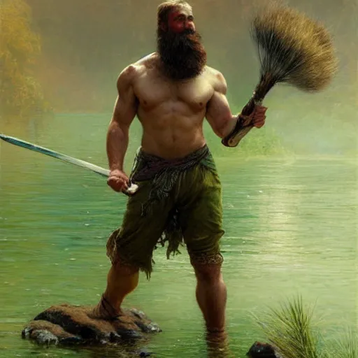 Image similar to young warrior by a river, playful, male, muscular, green eyes!!!!, straight nose!!!!!, beard, detailed face, thighs!!!!! gorgeous, amazing, muscular, intricate, highly detailed, painting by Gaston Bussiere, Craig Mullins