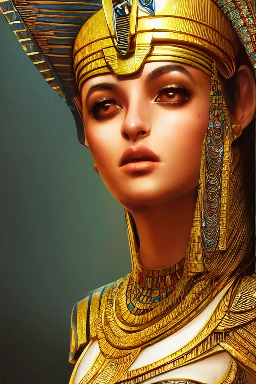 Image similar to Saba Mubarak as egyptian princess, gorgeous, portrait, powerful, intricate, beautiful, masterpiece, elegant, volumetric lighting, digital painting, highly detailed, artstation, sharp focus, illustration, Hajime sorayama, ruan jia