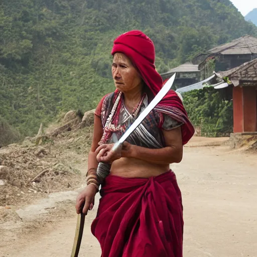 Image similar to a nepali woman carrying a sword, fierce