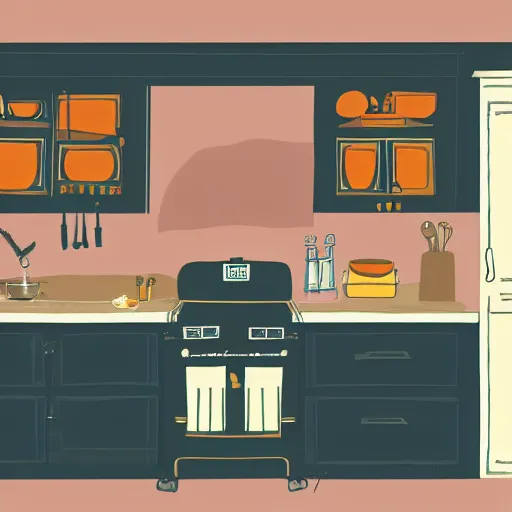 Prompt: kitchen, illustration, in the style of henry rivers