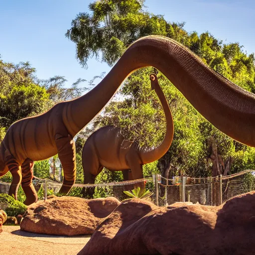 Image similar to photograph of a real brontosaurus exhibit at san diego zoo, tourists in background, bokeh, high definition, slr, golden hour, 4 k