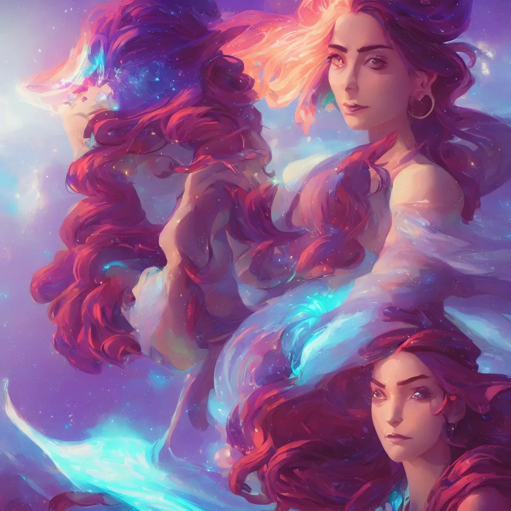 Prompt: portrait of beautiful woman with magical nebula hair, maya ali mage, gloomhaven, dynamic lighting, gaudy colors, octane render aesthetic, matte painting concept art, official fanart behance hd artstation by jesper ejsing, by rhads and makoto shinkai and lois van baarle and ilya kuvshinov and rossdraws