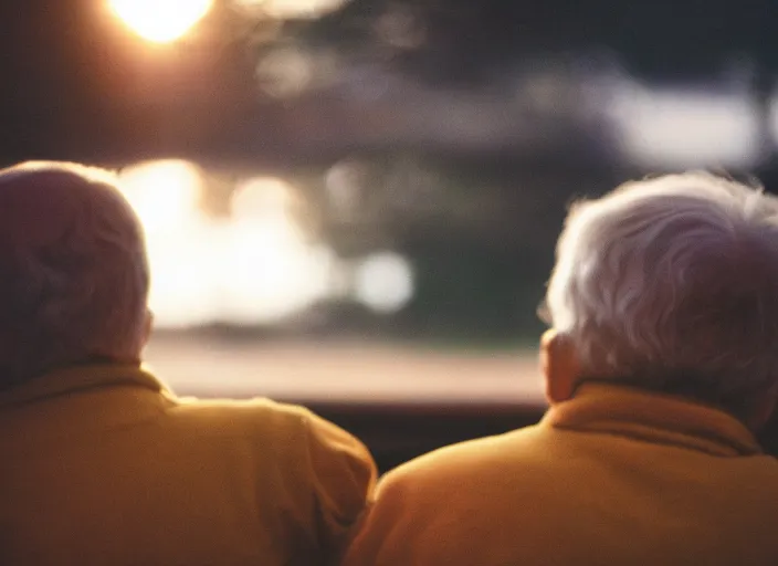 Prompt: a 2 8 mm macro photo from behind of an elderly couple sitting watching the city in silhouette in the 1 9 7 0 s, bokeh, canon 5 0 mm, cinematic lighting, dramatic, film, photography, golden hour, depth of field, award - winning, 3 5 mm film grain, low angle