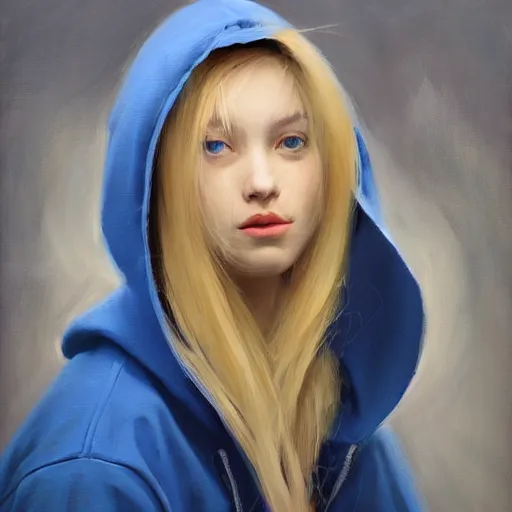 Image similar to greg manchess portrait of a beautiful girl with blonde hair, wearing a blue hoodie, medium shot, white background, asymmetrical, profile picture, organic painting, matte painting, bold shapes, hard edges, street art, trending on artstation, by huang guangjian and gil elvgren and sachin teng and wlop and rossdraws and greg rutkowski