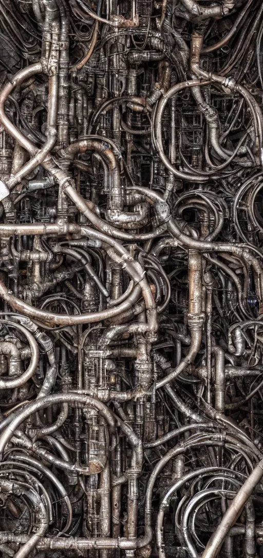 Image similar to an infinitely complex network of old rusty pipes and valves, hr giger style,