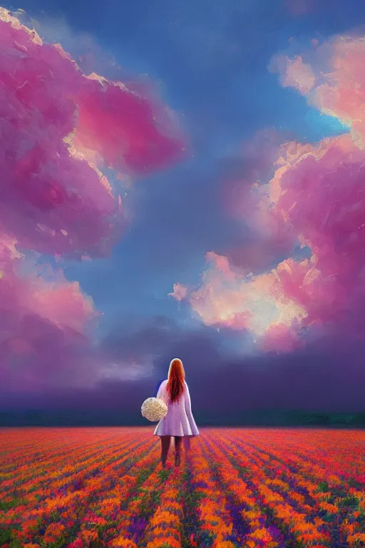 Image similar to giant white flower head, girl walking in a flower field, surreal photography, sunrise, dramatic light, impressionist painting, colorful clouds, digital painting, artstation, simon stalenhag