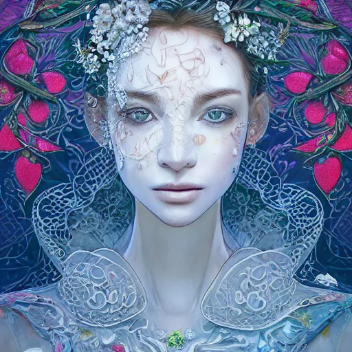 Image similar to the portrait of an absurdly beautiful, graceful, elegant, sophisticated, fashionable woman made of strawberries and white petals looking down, an ultrafine hyperdetailed illustration by kim jung gi, irakli nadar, intricate linework, bright colors, octopath traveler, final fantasy, unreal engine 5 highly rendered, global illumination, radiant light, detailed and intricate environment