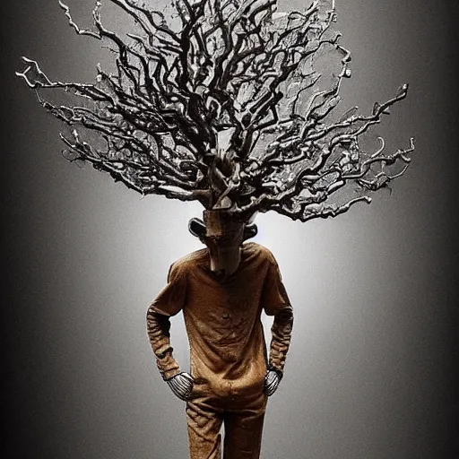 Prompt: a human man statue stuck in a cosmic tree, a sense of awe, amazement, monogon, plasma display, wooden, silver, mercury, damascus, armature wire, multiscopy, morph, in a symbolic and meaningful style, insanely detailed and intricate, hypermaximalist, elegant, ornate, hyper realistic, super detailed,