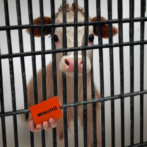 Prompt: mugshot of a cute calf dressed as an inmate inside a jailcell