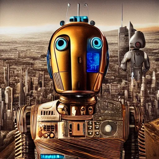 Image similar to portrait of a droid from mars amongst an extraterrestrial cityscape, intricate detail, hyperrealistic