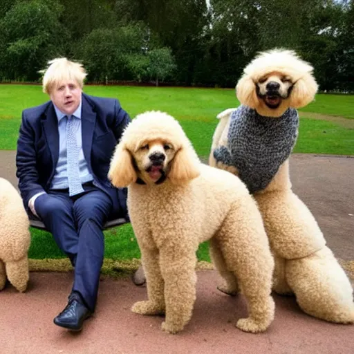 Image similar to Boris Johnson sitting with a group of poodles at a park.