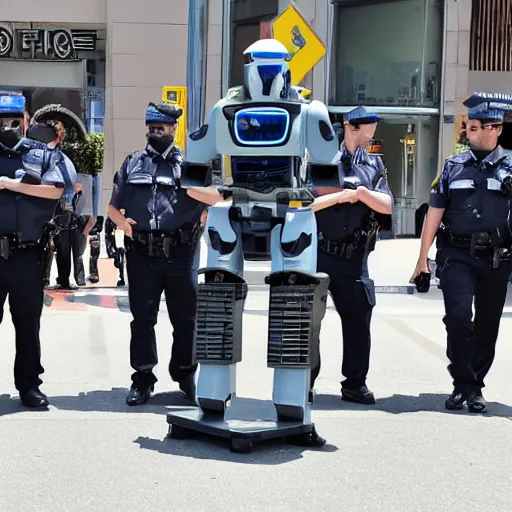 Prompt: Extremely intimidating police robot meant to invoke fear, military enforcement unit (MEU), full shot