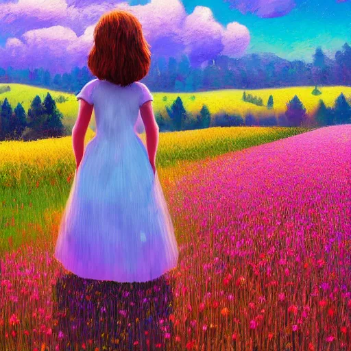 Image similar to girl with singular giant flower as a face, surreal photography, dream, dress flowing into flower field, hills, big trees, sunrise dramatic light, impressionist painting, colorful clouds, digital painting, pointillism, artstation, simon stalenhag