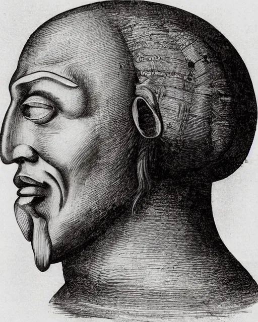 Image similar to head with four faces creature, drawn by da vinci