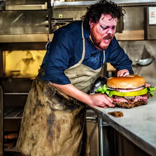 Image similar to leatherface making burger patties in a burger joint kitchen