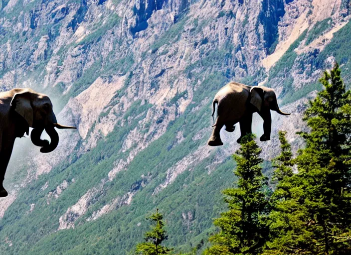 Image similar to dslr photo still of an elephant leaping off a mountain flying through the air, 4 k, 1 2 0 mm f 1 6