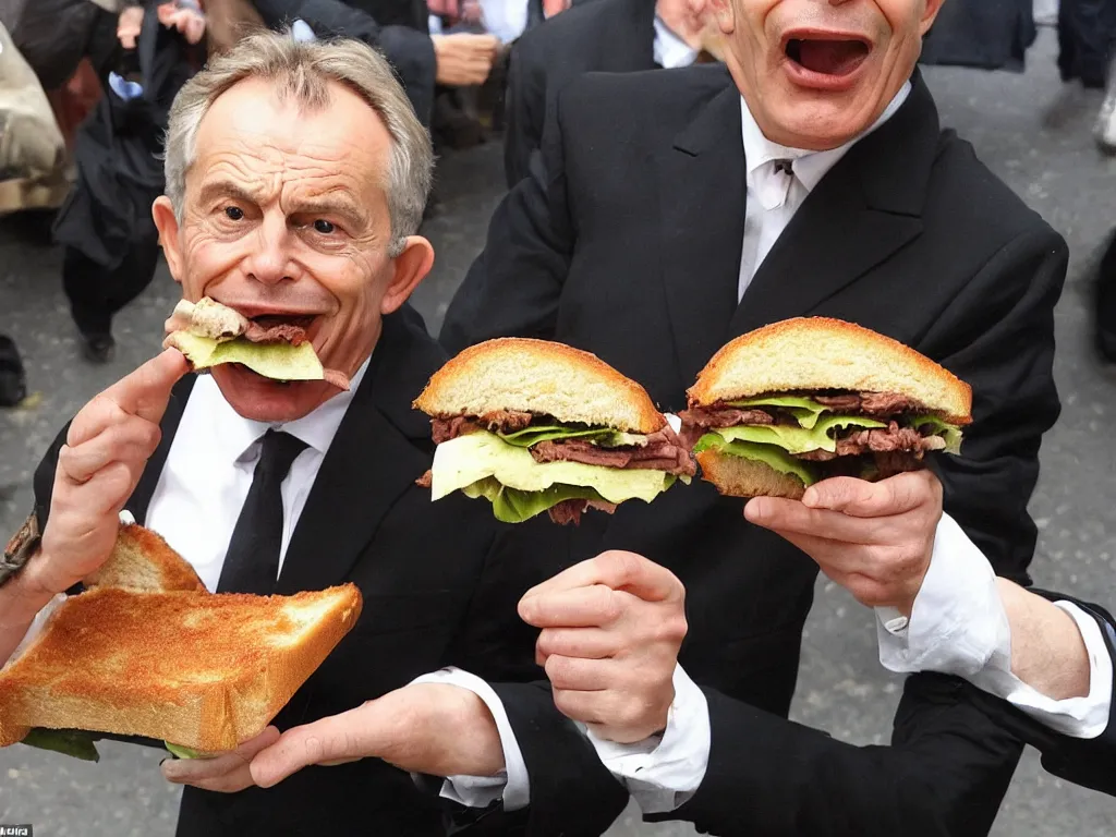 Prompt: a man whose head has been expanded into the shape of an anvil, eats a beef sandwich. he is gagged and trussed like a turkey. he is tony blair