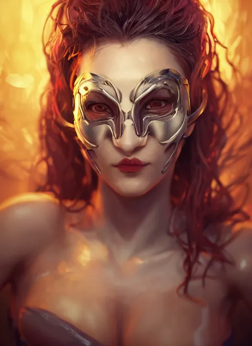 Prompt: renata glasc, from league of legends, wearing a mask, au naturel, bralette, hyper detailed, digital art, trending in artstation, cinematic lighting, studio quality, smooth render, unreal engine 5 rendered, octane rendered, art style by klimt and nixeu and ian sprigger and wlop and krenz cushart
