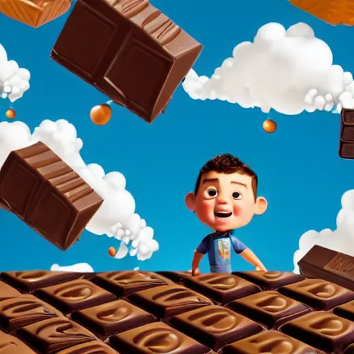 Image similar to a boy with a jetpack flying above a sea of chocolate, white background, pixar animation style,